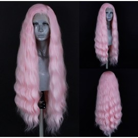 WXHWCX Pink Synthetic Lace Front Wigs Free Part Loose Wave Heat Resistant Natural Hairline Fiber Hair Glueless Lace Wigs for Women Cosplay Daily Party Wig