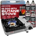 Chef Master 15,000 BTU Butane Portable Camp Stove + 4x 8oz Butane Canisters | Double Wind-Guard Portable Stove Burner w/Piezo Ignition for Emergencies, Tailgating, Hiking & Camping Essentials - 90019