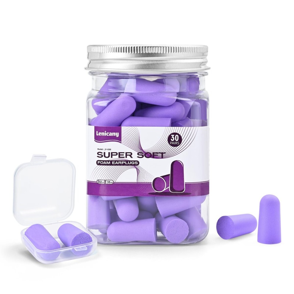 Lenicany 30Pair Soft Foam EarPlugs, 32dB Disposable Sound Blocking Noise Cancelling Ear Plugs for Concerts Loud Music/Shooting Guns/Work Construction, Hearing Safety Protection(Purple)