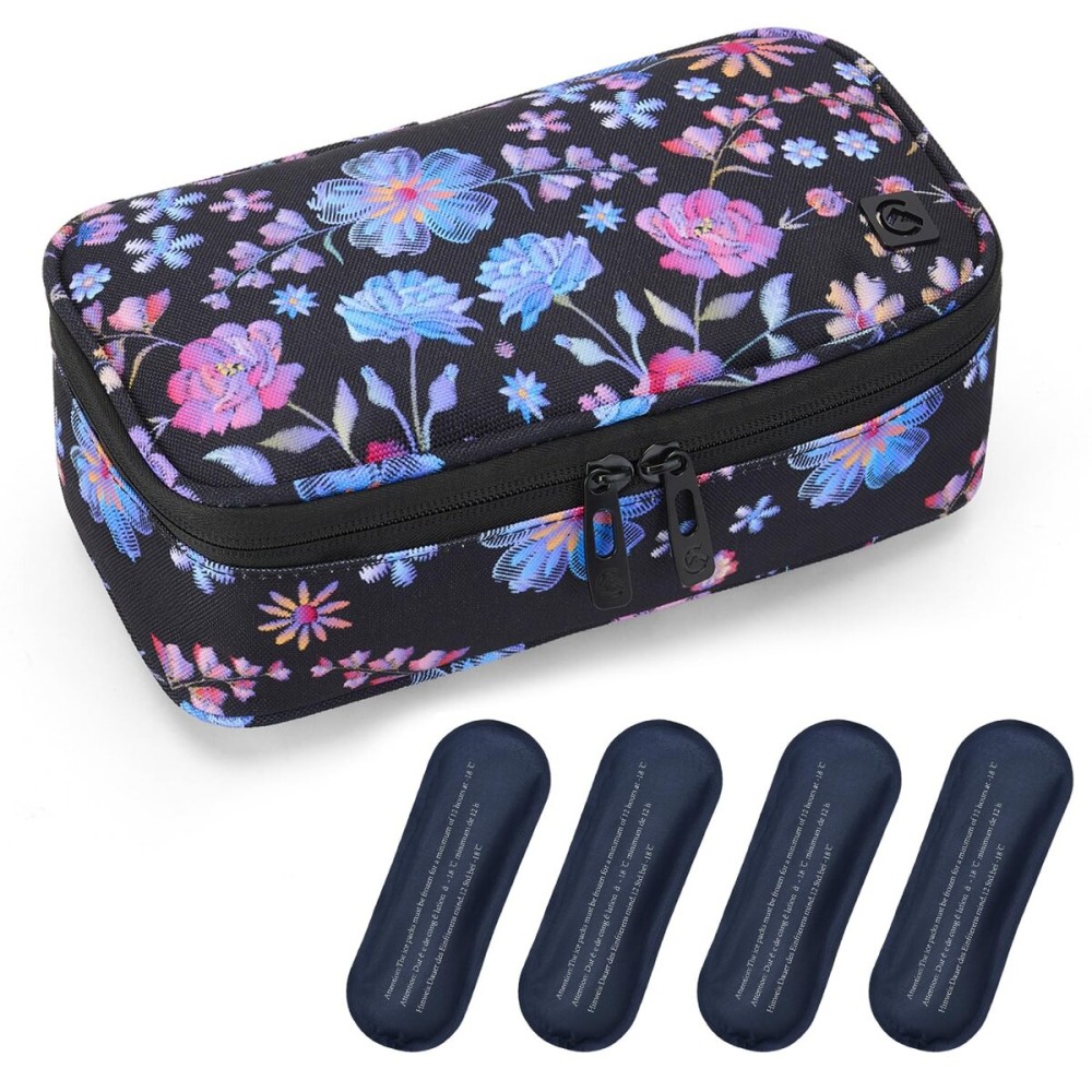 ALLCAMP Insulin Cooler Travel Case Diabetic Medication Cooler with 4 Ice Pack - Medical Cooler Bag Portable and Reusable Flower Pattern (9X 4.72x 3.14 inches)