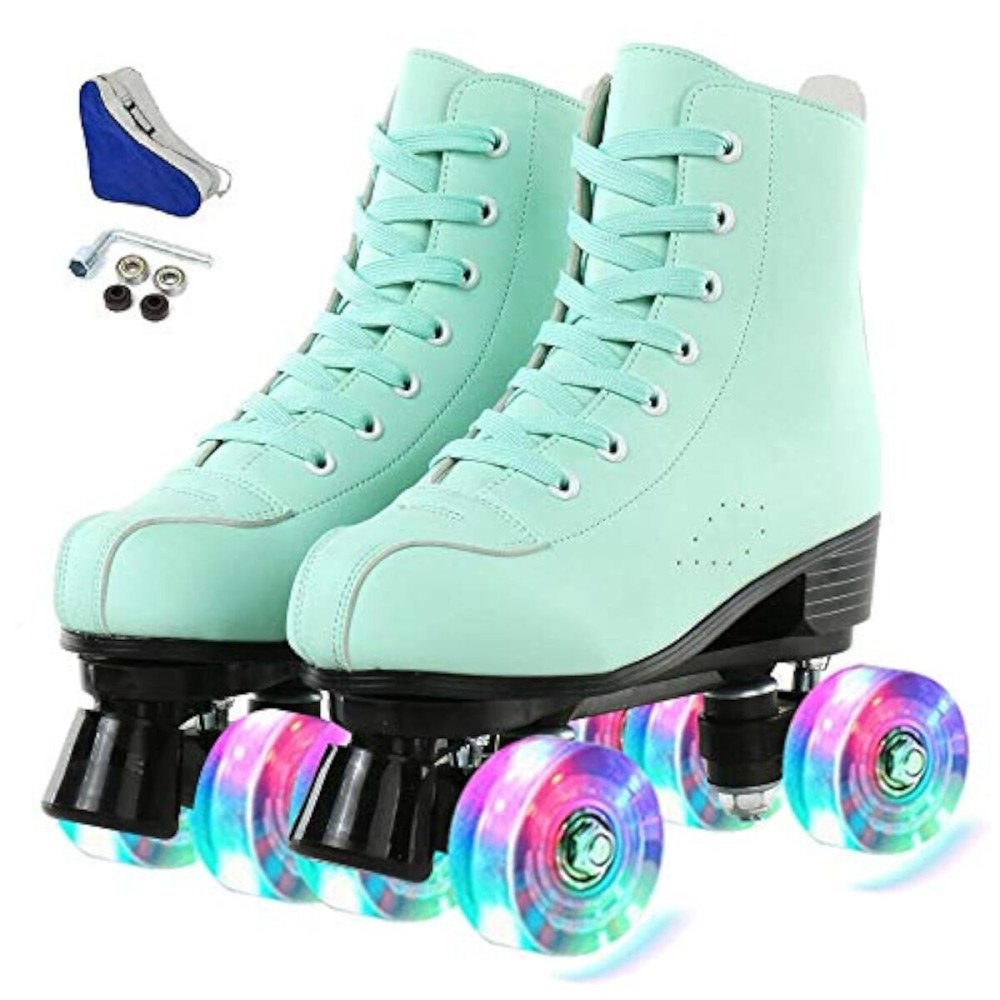 jessie PU Leather Roller Skates Roller Skates for Women Outdoor and Indoor Adjustable Four-Wheel Premium Roller Skates for Women Men Boys and Girls (Flash Wheel,Women\'s 6/ Youth 5)