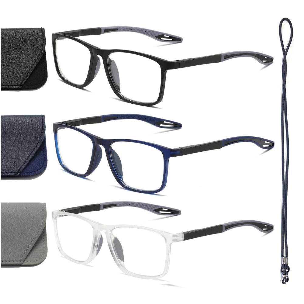 Hubeye TR90 Sports Reading Glasses for Men and Women Ultralight Flexible Anti-Blue Light ReadersMatte black+Matte clear+Matte blue+0.0