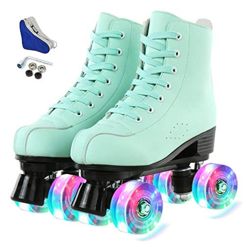 jessie PU Leather Roller Skates Roller Skates for Women Outdoor and Indoor Adjustable Four-Wheel Premium Roller Skates for Women Men Boys and Girls (Flash Wheel,Youth 3.5)