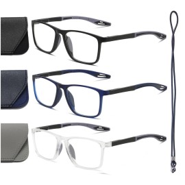 Hubeye TR90 Sports Reading Glasses for Men and Women Ultralight Flexible Anti-Blue Light ReadersMatte black+Matte clear+Matte blue+2.75
