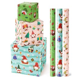 WERNNSAI Christmas Santa Wrapping Paper Rolls - 3 Rolls 17 X 120 Inch Gnome Kids Christmas Wrapping Paper Medium Roll Set Green Grinch Xmas Wrapping Paper Holiday Wrapping Papers for Kids Boys Girls