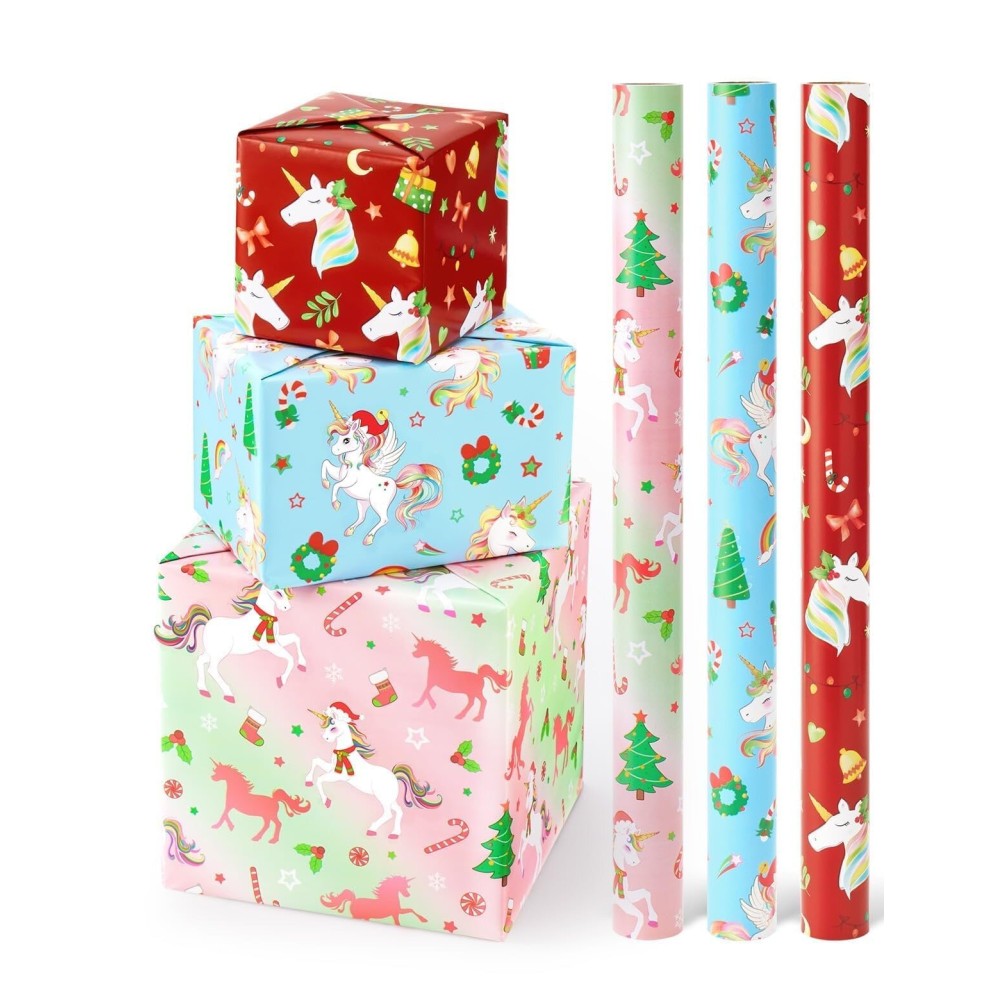 WERNNSAI Christmas Wrapping Paper - 3 Rolls 17 x 120 Christmas Unicorn Wrapping Paper Rolls Christmas Gift Wrap Paper Girls Birthday Wrapping Paper Holiday Wrapping Paper Unicorn Gift Wrap Paper