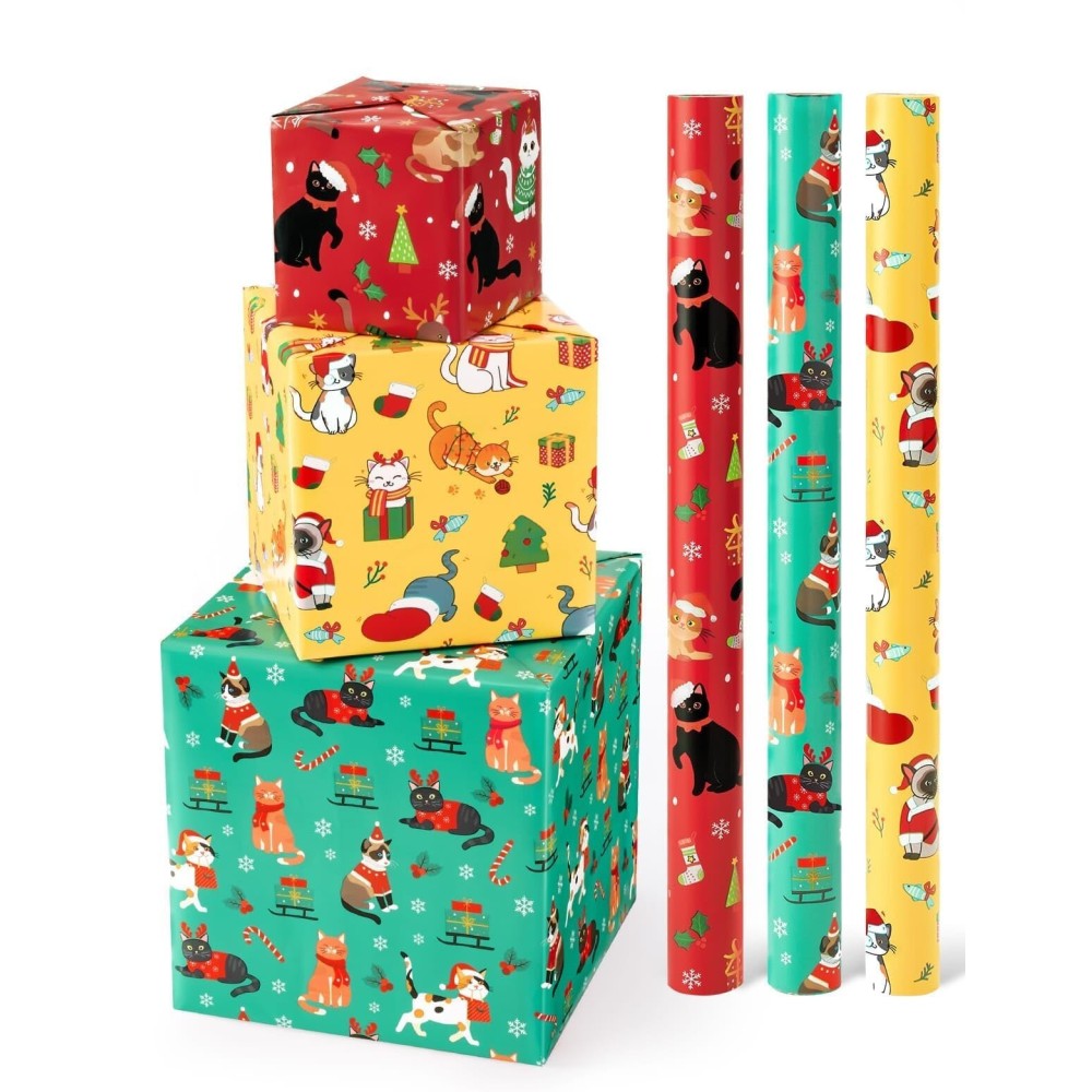 WERNNSAI Cat Christmas Wrapping Paper Rolls - 3 Rolls 17 x 120 Kids Cat Christmas Wrapping Paper Medium Roll Set Funny Kitten Christmas Wrapping paper Xmas Rolls Party Gift Decoration, for Girls/Boys