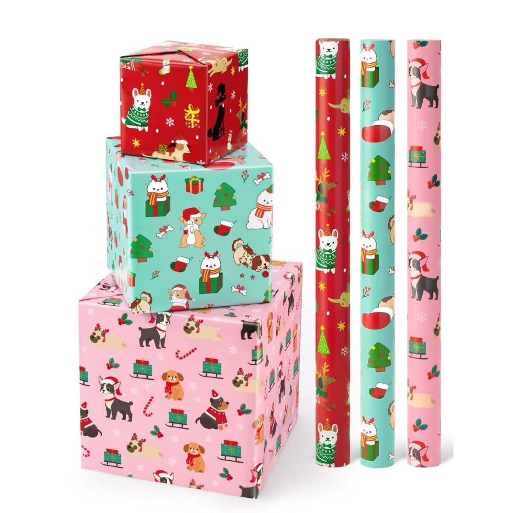 WERNNSAI Dog Christmas Wrapping Paper Rolls - 3 Rolls 17 x 120 Puppy Kids Christmas Wrapping Paper Medium Roll Set Funny Christmas Wrapping Paper Xmas Rolls Party Gift Decoration, for Girls/Boys