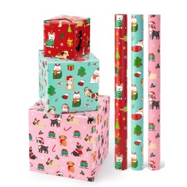 WERNNSAI Dog Christmas Wrapping Paper Rolls - 3 Rolls 17 x 120 Puppy Kids Christmas Wrapping Paper Medium Roll Set Funny Christmas Wrapping Paper Xmas Rolls Party Gift Decoration, for Girls/Boys