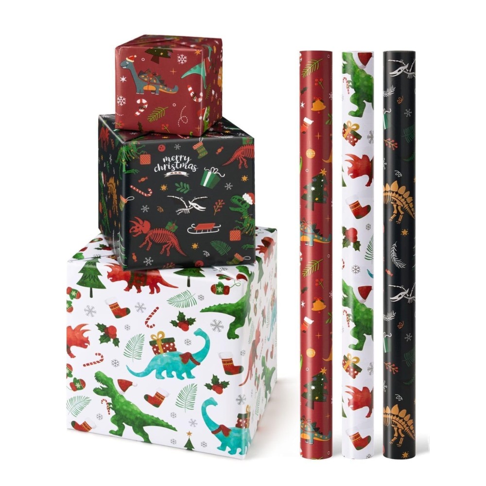 WERNNSAI Christmas Kids Wrapping Paper - 3 Rolls 17 x 120 Kids Christmas Dinosaur Wrapping Paper Rolls Boys Christmas Wrapping Papers Christmas Birthday Gift Wrap Paper with Cutting Line