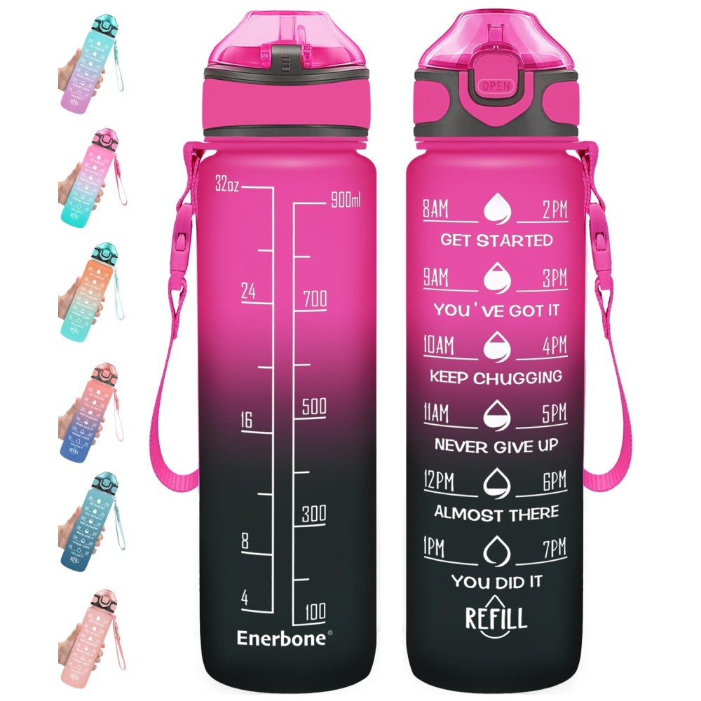 Enerbone 32 oz Drinking Water Bottle with Times to Drink and Straw, Motivational with Carrying Strap, Leakproof BPA & Toxic Free, Ensure You Drink Enough Water for Fitness Gym Outdoor