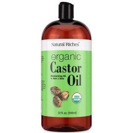 Natural Riches Organic Castor Oil - Cold Pressed, USDA Certified for Dry Skin, Hair Loss, Dandruff, Hair Growth, and Thicker Eyelashes & Eyebrows - 32 fl. oz.