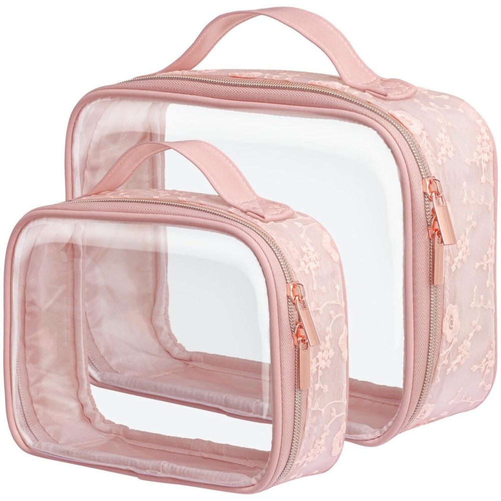 PACKISM Floral Texture Lace TSA Approved Toiletry Bag 1 Large 1 Medium - 2 Pack 180 Large Opening Clear Makeup Bags, TSA Clear Toiletry Bag with Handle, 0.5 mm Thick Non-deformable No Smell, Pink
