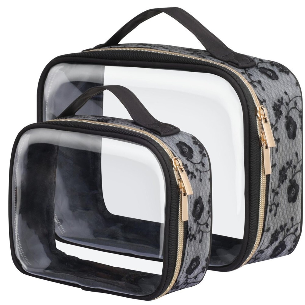 PACKISM Floral Texture Lace TSA Approved Toiletry Bag 1 Large 1 Medium - 2 Pack 180 Large Opening Clear Makeup Bags, TSA Clear Toiletry Bag with Handle, 0.5 mm Thick Non-deformable No Smell, Black