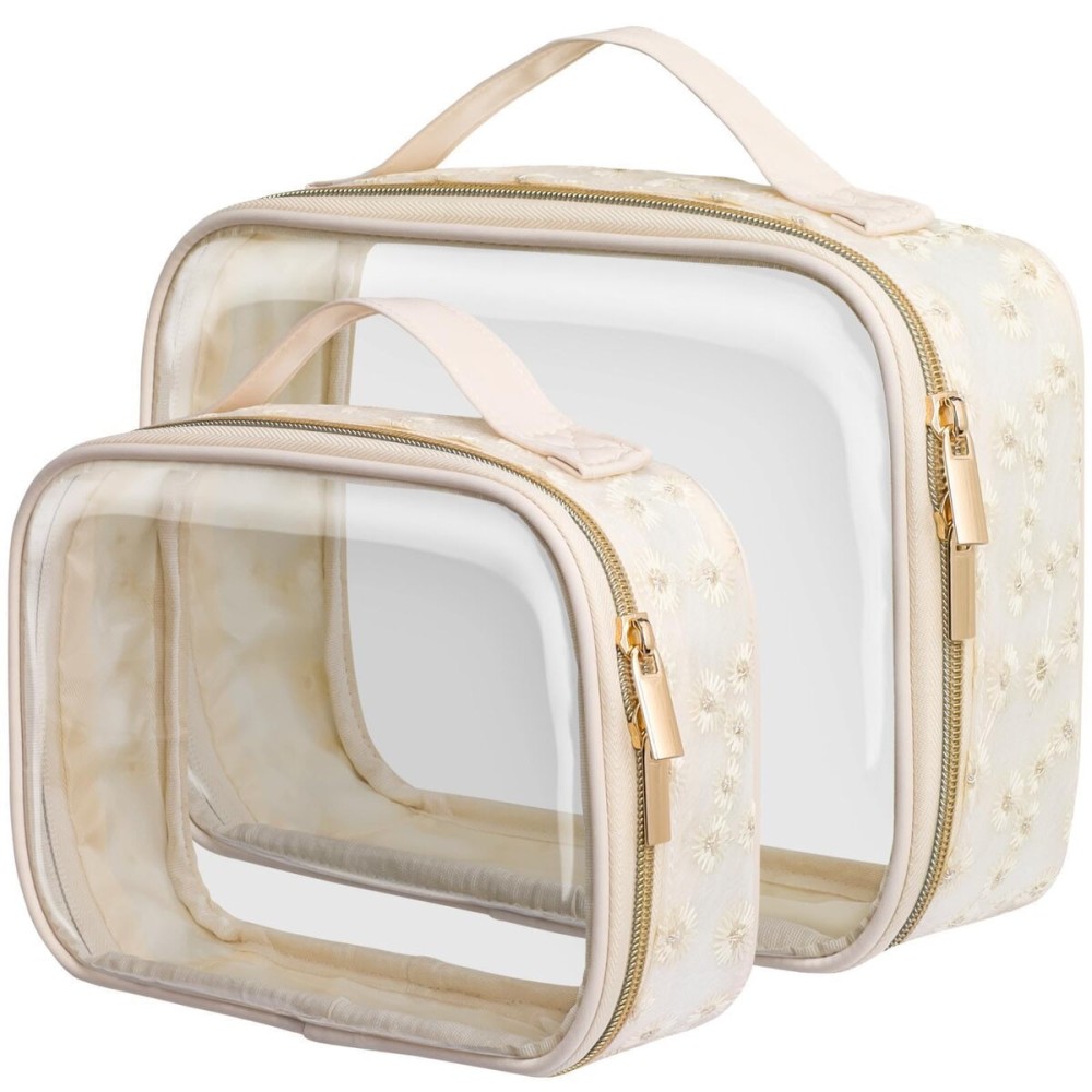 PACKISM Floral Texture Lace TSA Approved Toiletry Bag 1 Large 1 Medium - 2 Pack 180 Large Opening Clear Makeup Bags, TSA Clear Toiletry Bag with Handle, 0.5 mm Thick Non-deformable No Smell, Beige