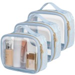 PACKISM TSA Approved Toiletry Bag - Floral Texture Lace Clear Makeup Bags, Ease of Clamshell Closing, Handles and Double Zippers, 0.5 mm Thicker Clear Toiletry Bags, Good for Travel, Blue