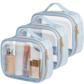 PACKISM TSA Approved Toiletry Bag - Floral Texture Lace Clear Makeup Bags, Ease of Clamshell Closing, Handles and Double Zippers, 0.5 mm Thicker Clear Toiletry Bags, Good for Travel, Blue