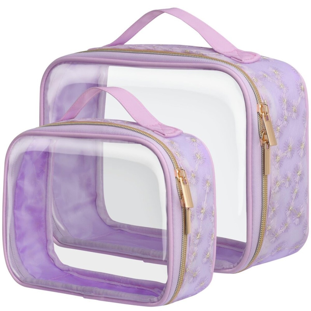 PACKISM Floral Texture Lace TSA Approved Toiletry Bag 1 Large 1 Medium - 2 Pack 180 Large Opening Clear Makeup Bags, TSA Clear Toiletry Bag with Handle, 0.5 mm Thick Non-deformable No Smell, Purple