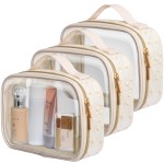 PACKISM Floral Texture TSA Approved Toiletry Bag - 180 Large Opening Clear Makeup Bags with Handle, Easily Access, Quart Size Travel Bag TSA Approved, Thick Non-deformable No Smell, Beige
