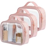 PACKISM TSA Approved Toiletry Bag - Floral Texture Lace Clear Makeup Bags with Handle, Clamshell Closing 180 Opening, Clear Toiletry Bags for Travel Essentials, 0.5 mm Thick, Pink