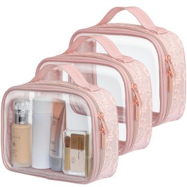 PACKISM TSA Approved Toiletry Bag - Floral Texture Lace Clear Makeup Bags with Handle, Clamshell Closing 180 Opening, Clear Toiletry Bags for Travel Essentials, 0.5 mm Thick, Pink