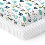 100% Organic Cotton Fitted Mattress Sheets for Graco Pack n Play, Babyletto, Pamo Babe, Dream on Me, Evenflo, Baby Trend Portable/Mini Crib/Playards, and Beka Bedside Bassinet 2 Pk Animal & Stripe