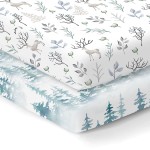100% Organic Cotton Fitted Mattress Sheets for Graco Pack n Play, Babyletto, Pamo Babe, Dream on Me, Evenflo, Baby Trend Portable/Mini Crib/Playards, and Beka Bedside Bassinet 2 Pk, Deer and Forest