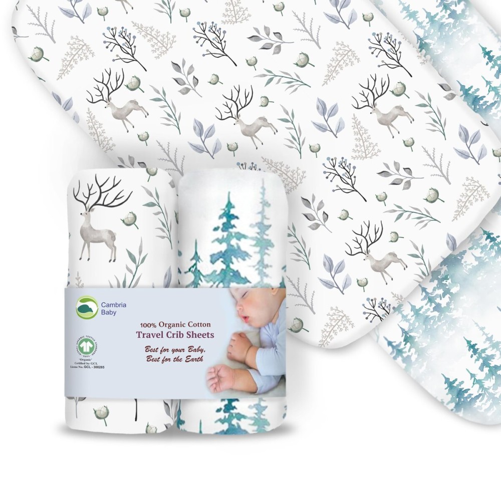 100% Organic Cotton Fitted Travel Crib/Playard Sheets for Guava Lotus, BabyBjorn, Dream on Me, Baby Joy and All Other 24 x 42 Pads/mattresses. Safety Strap Holes in Each Corner. 2 Pk, Deer & Forest