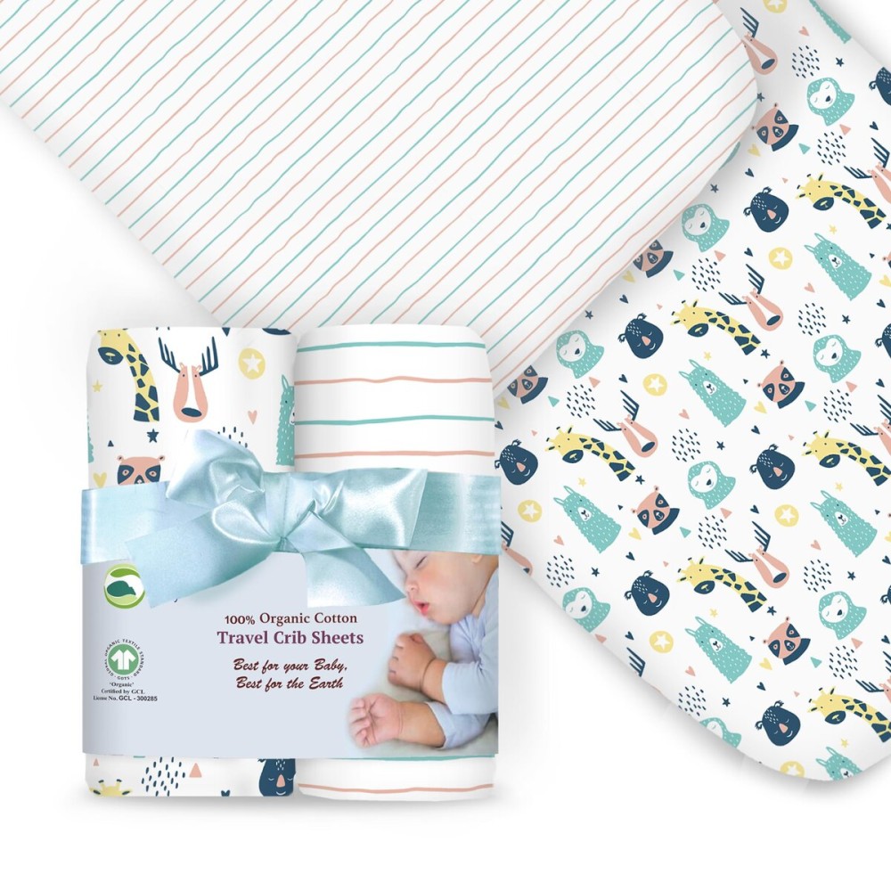 100% Organic Cotton Fitted Travel Crib/Playard Sheets for Guava Lotus, BabyBjorn, Dream on Me, Baby Joy, Chicco, Pamo Babe and All 24 x 42 Pads/mattresses. 4 Safety Strap Holes. 2 Pk Animals Stripes