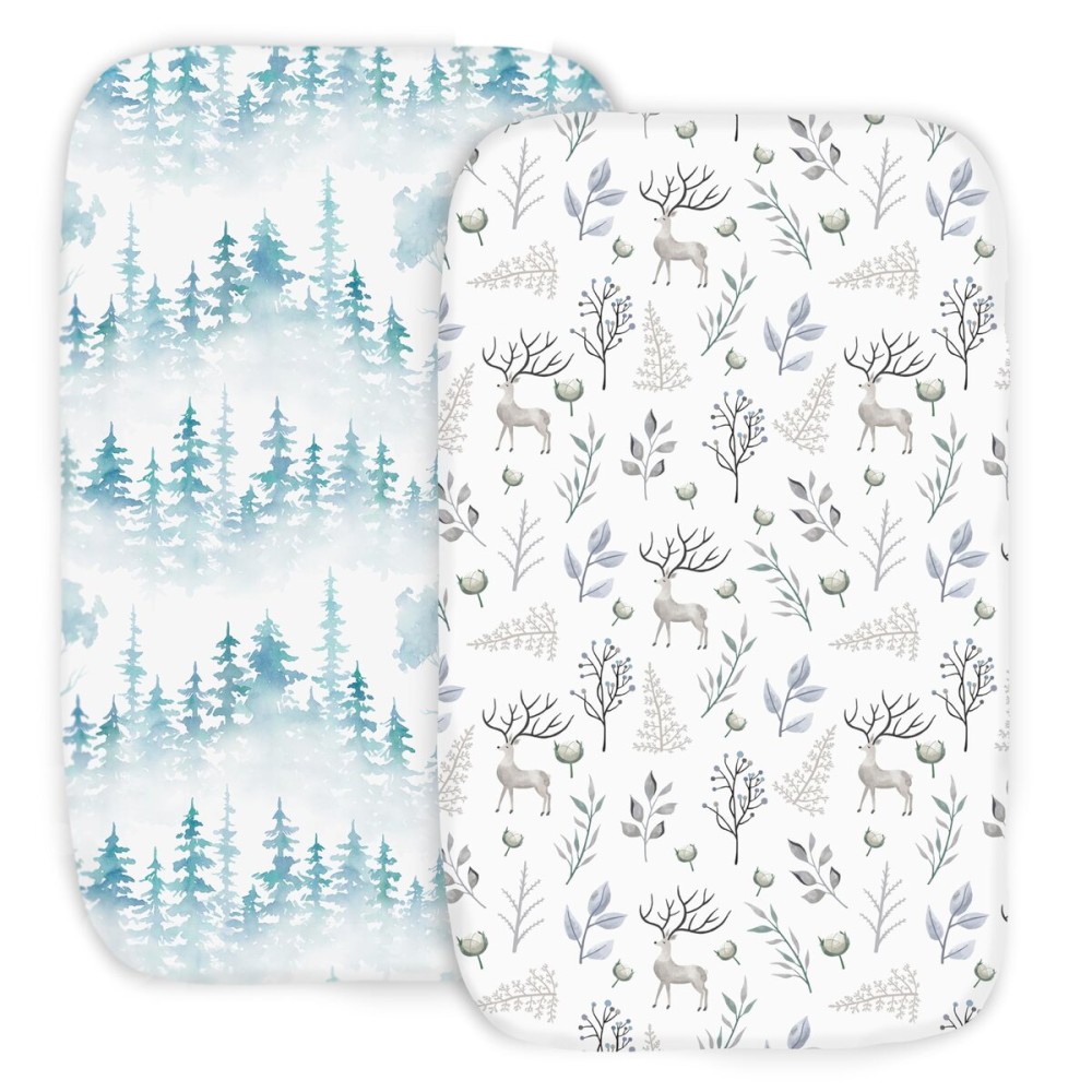 100% Organic Cotton 2 Pk of Bedside Sleeper Bassinet Fitted Mattress Sheets for Mika Micky, Baby Delight, Ronbei, Chicco, KoolerThings, Cloud Baby, AMKE, Angelbliss, Maxi-COSI, Arm\'s Reach. Forest