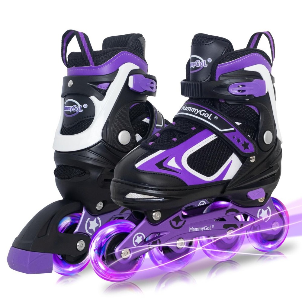 MammyGol Adjustable Inline Skates for Boys Girls Kids Youth with Light up Wheels, Black&Purple Beginner Blades Roller Skates for Boys Size 10 11 12 13 Ages 6-12