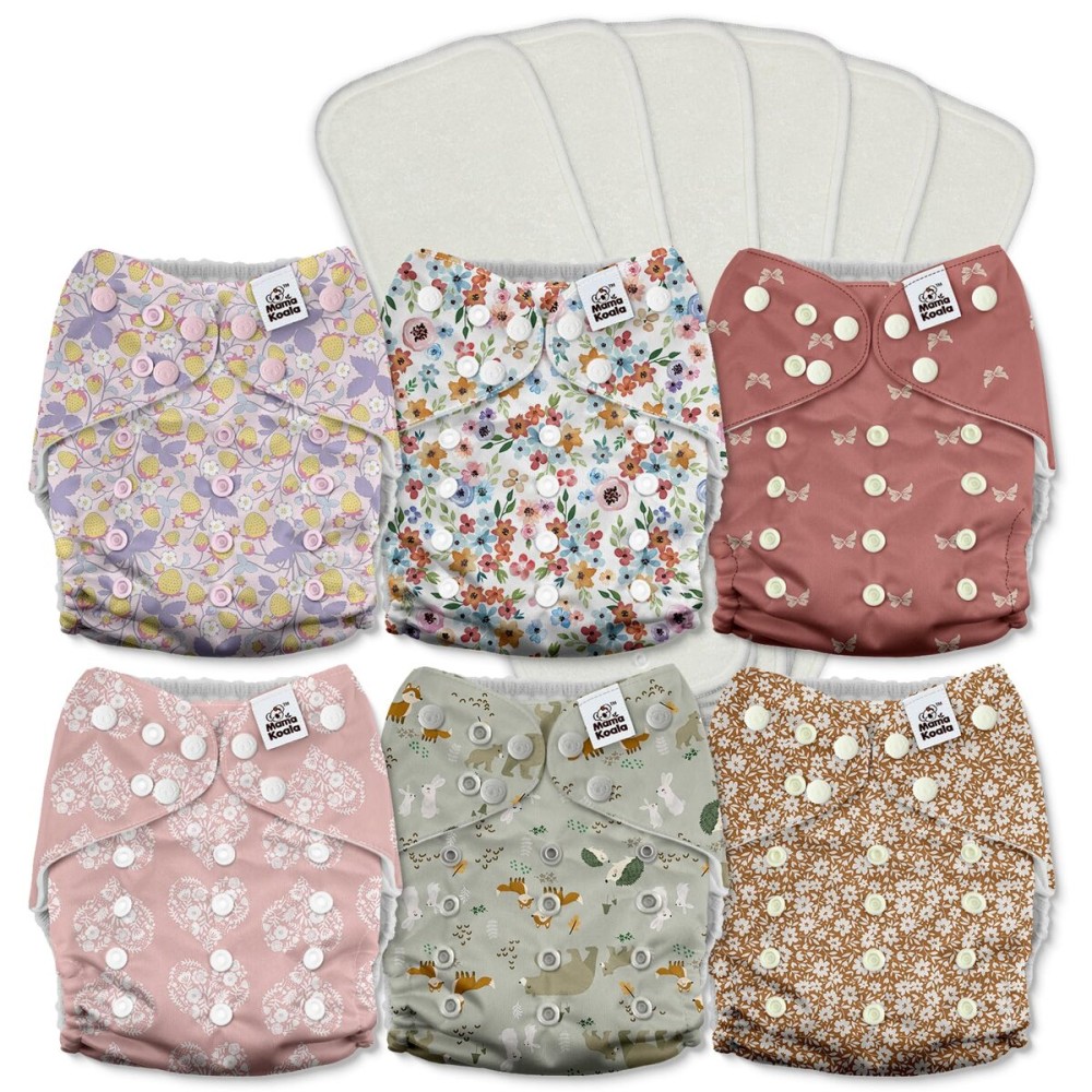 Mama Koala 3.0 Pocket Cloth Diapers for Babies with AWJ Lining, 6 Pack with 6 5-Layer Natural Cloth Diaper Inserts - Reusable and Washable Pocket Diapers(A-Wild Flowers)