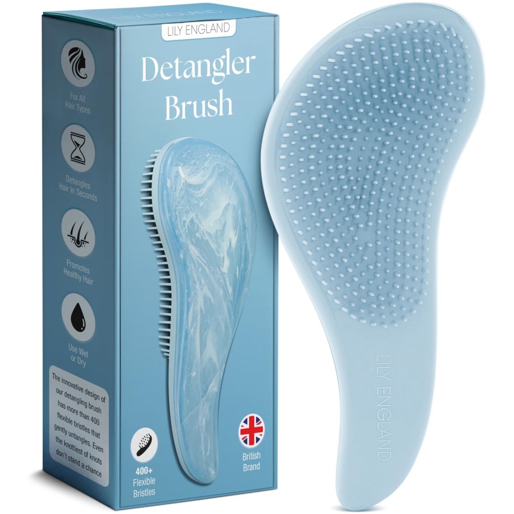 Lily England Detangler Hair Brush for Curly, Thick, Straight & Natural Hair - Gentle Detangling Brush for Women, Kids & Toddlers with Flexible Bristles - Smooth Hairbrush for Wet & Dry Hair, Sky-Blue
