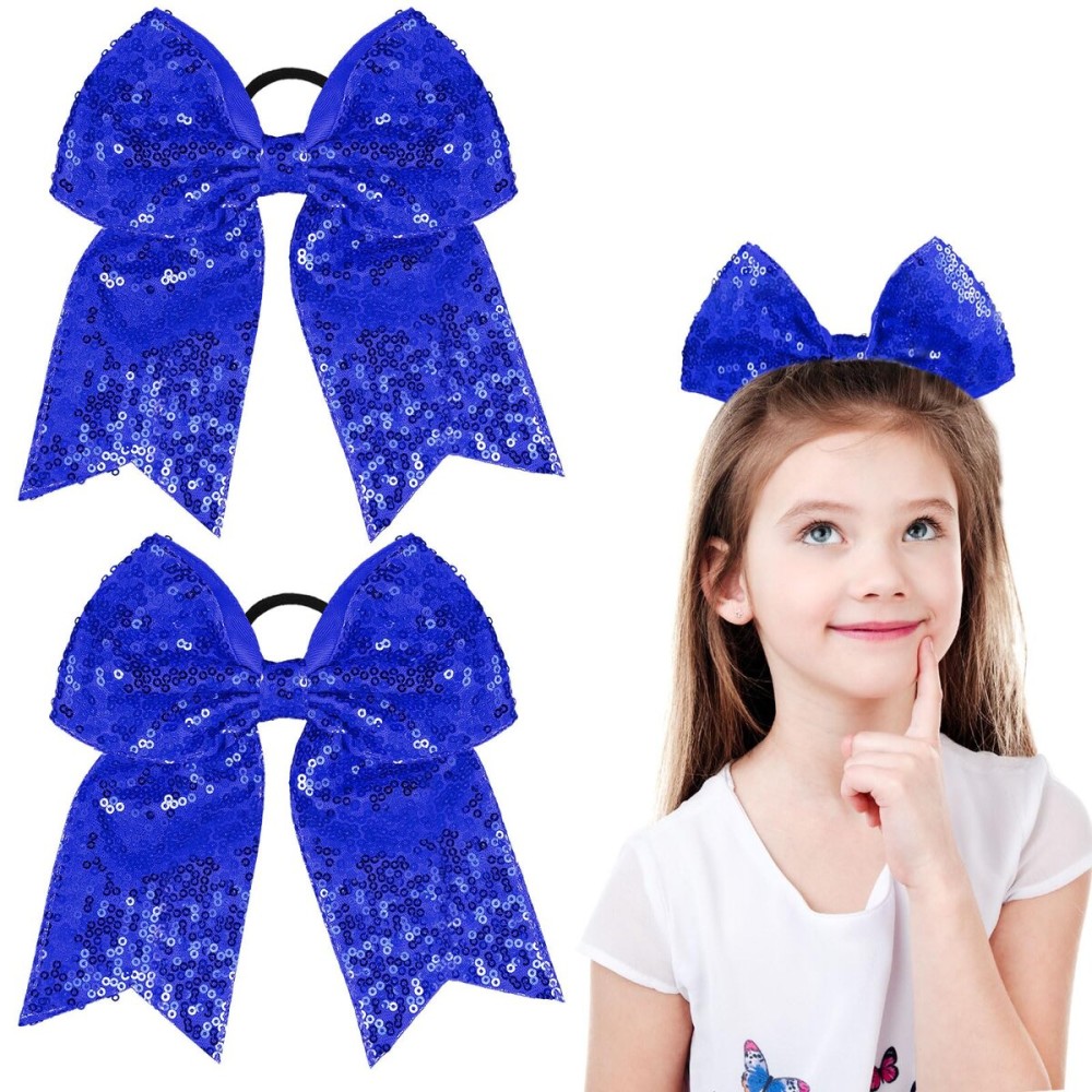 2 Packs Jumbo Cheerleading Bow 8 Inch Large Cheer Hair Bows with Ponytail Holder for Teen Girls Softball Outfit Uniform(Sequin Blue)