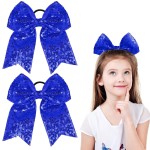 2 Packs Jumbo Cheerleading Bow 8 Inch Large Cheer Hair Bows with Ponytail Holder for Teen Girls Softball Outfit Uniform(Sequin Blue)