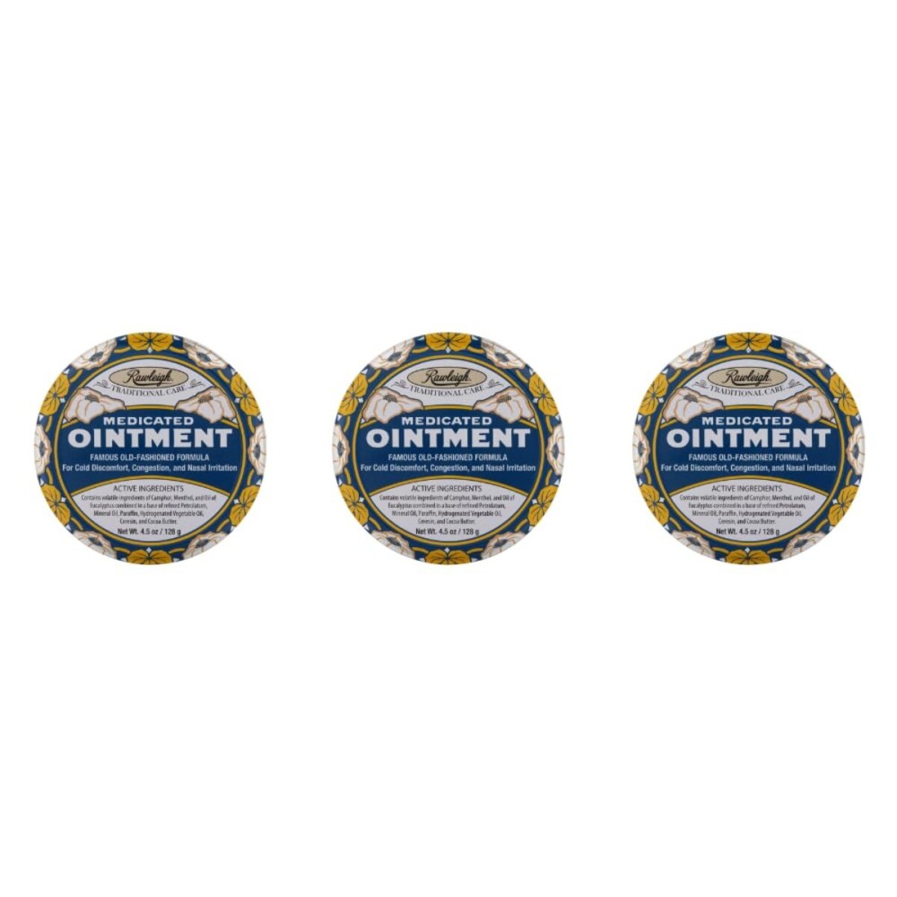 Rawleigh Medicated Ointment: 4.5 oz Blue Tin, Topical Chest Rub for Cold, Nasal Congestion, Minor Aches and Pain, with Camphor, Menthol & Eucalyptus, Non-Greasy Formula - Pack of 3