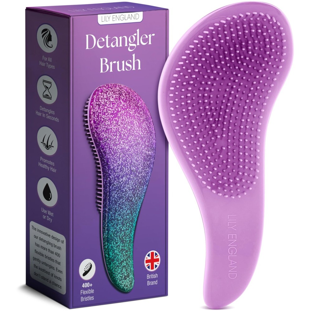 Lily England Detangler Hair Brush for Curly, Thick, Straight & Natural Hair - Gentle Detangling Brush for Women, Kids & Toddlers with Flexible Bristles - Smooth Hairbrush for Wet & Dry Hair, Purple