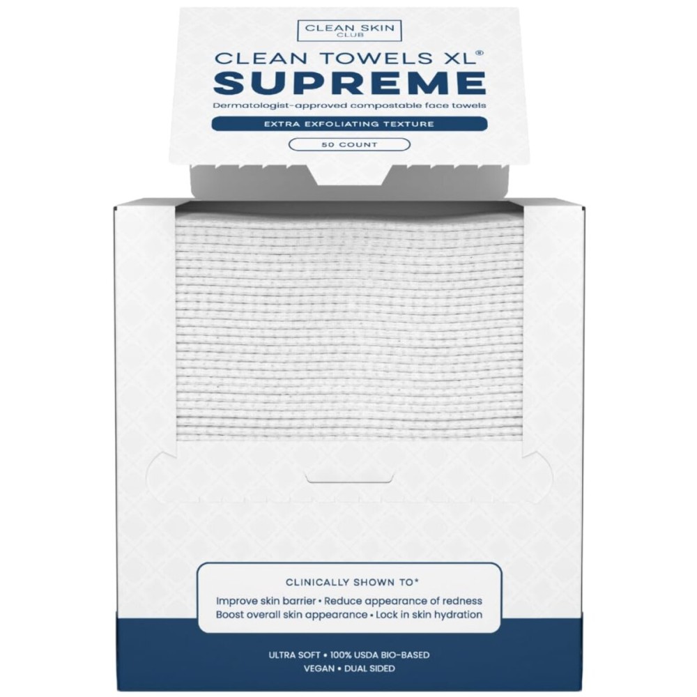 Clean Skin Club Clean Towels XL Supreme, 100% USDA Biobased Face Towel, Disposable Face Towelette, Eczema Association Accepted, Thicker Textured Dry Wipes, Ultra Absorbent & Soft, 1 Pack, 50 Ct