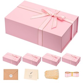 LIFELUM Pink Gift Boxes with Lids for Presents 5 Pack 13.85x8.35x4.45 Inch Gift Boxes with Ribbon,Card,Shredded Paper Filler Magnetic Gift Box for Wedding Gifts