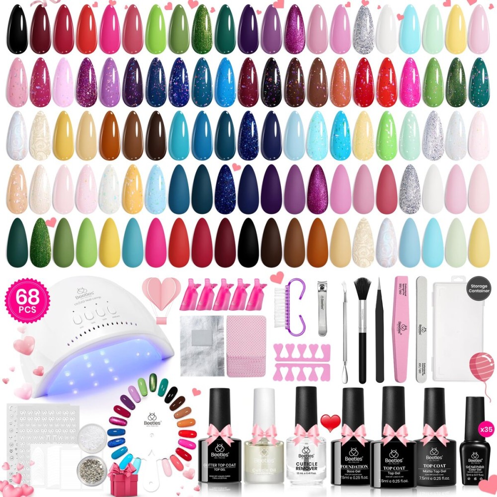 Beetles Gel Nail Polish Kit with UV Light 68 PCS Set 35 Colors Pastel Red Gel Polish with Base and Matte&Glossy Top Coat Soak Off Nail Kit All Year Manicure Tools Gifts for Women