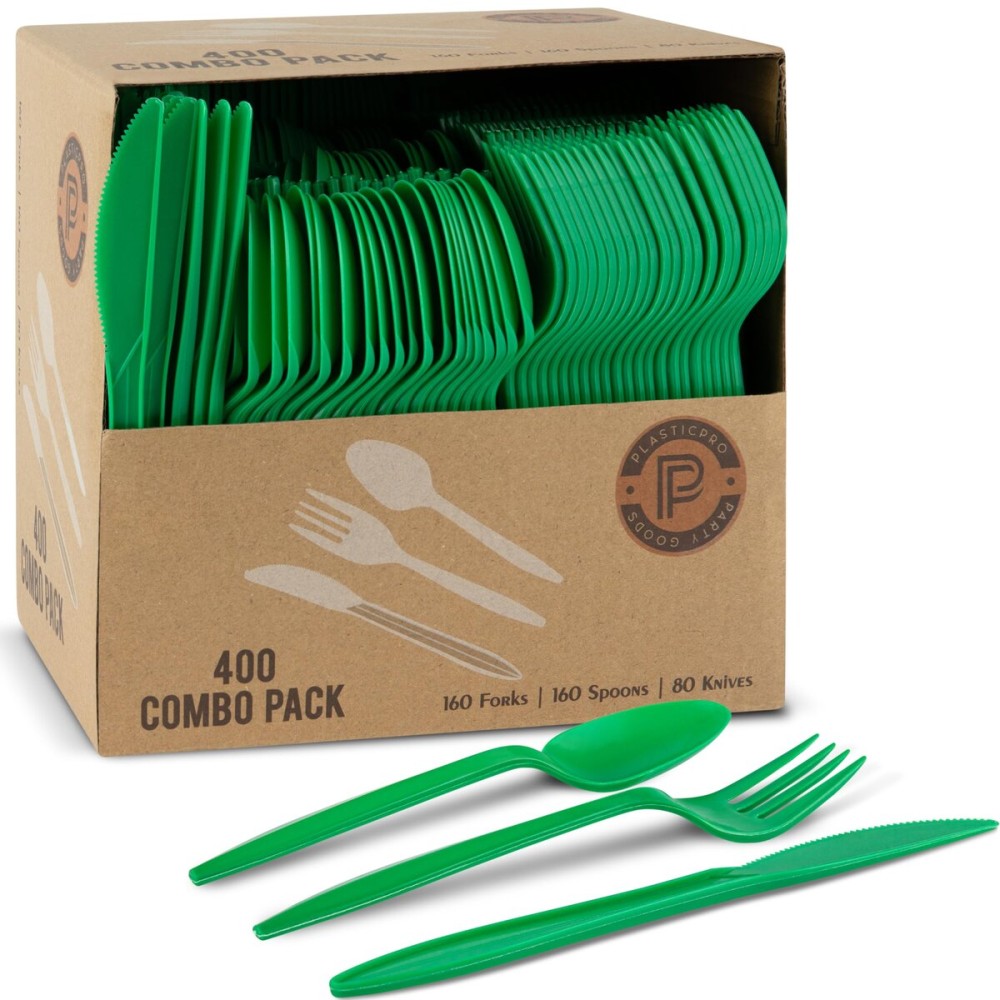 PLASTICPRO 400 Pack Disposable Christmass Green Cutlerys Plastic Utensils Assorted Colored Cutlery Combo Set Forks Spoons Knives Silverware, Green Plastic Cutlery for Parties