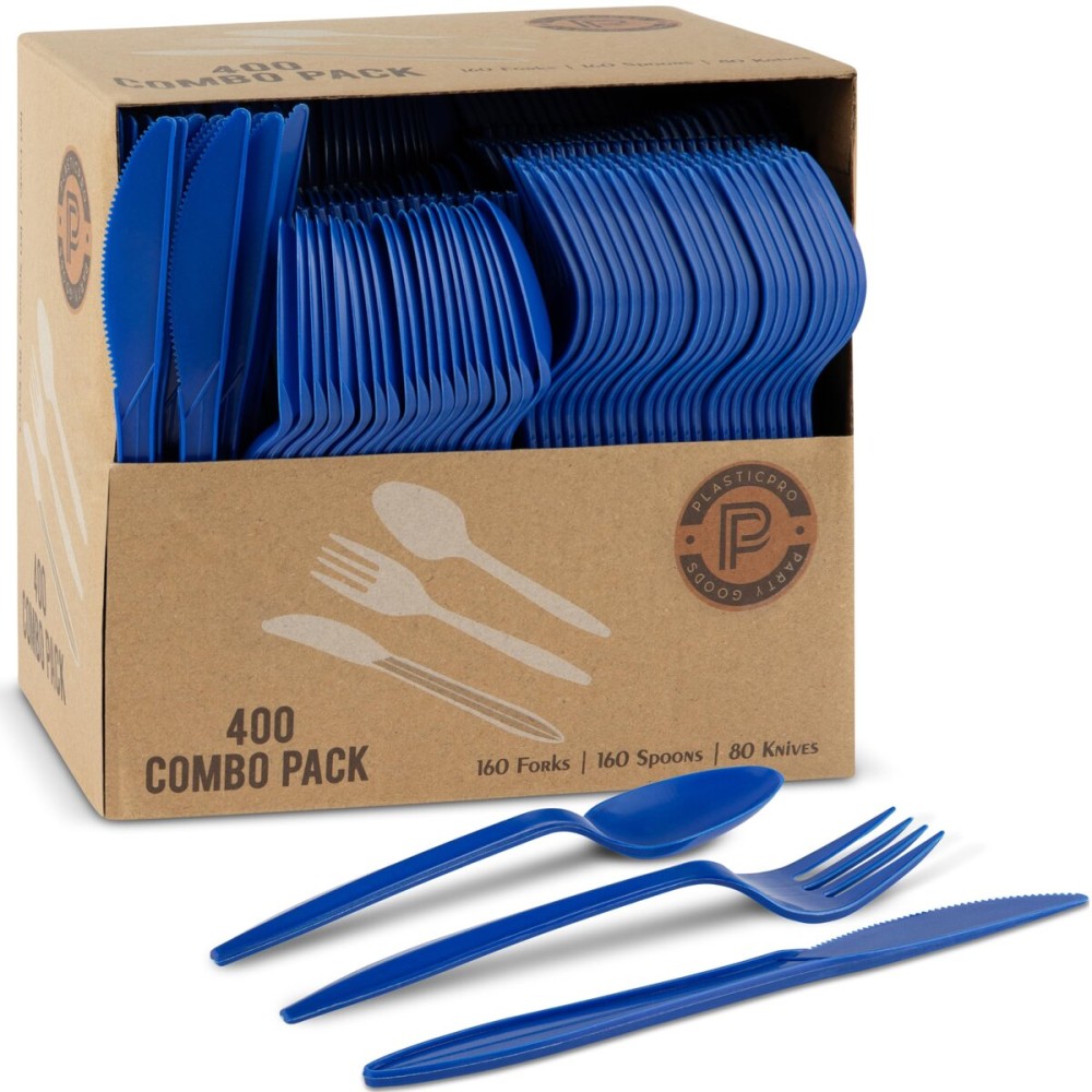 PLASTICPRO 400 Pack Disposable Chanuka Plastic Utensils Assorted Colored Cutlery Combo Set Forks Spoons Knives Silverware, Blue Plastic Cutlery for Parties