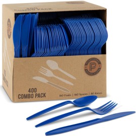 PLASTICPRO 400 Pack Disposable Chanuka Plastic Utensils Assorted Colored Cutlery Combo Set Forks Spoons Knives Silverware, Blue Plastic Cutlery for Parties