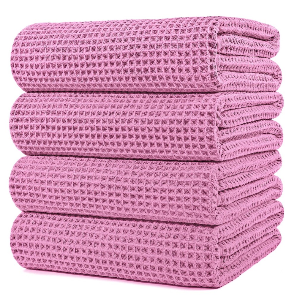 POLYTE 430 GSM Microfiber Oversize Quick Dry Lint Free Bath Towel, 60 x 30 in, 4 Pack (Waffle Weave)