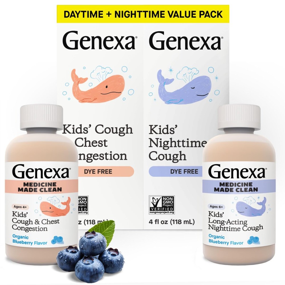 Genexa Kids\' Clean Day & Night Cough Medicine, Dye Free, 0% Artificial Additives, Children\'s Cough, Chest Congestion, Runny Nose & Sneezing Relief, Ages 6+, Organic Blueberry Flavor, 8 fl oz (2 Pack)