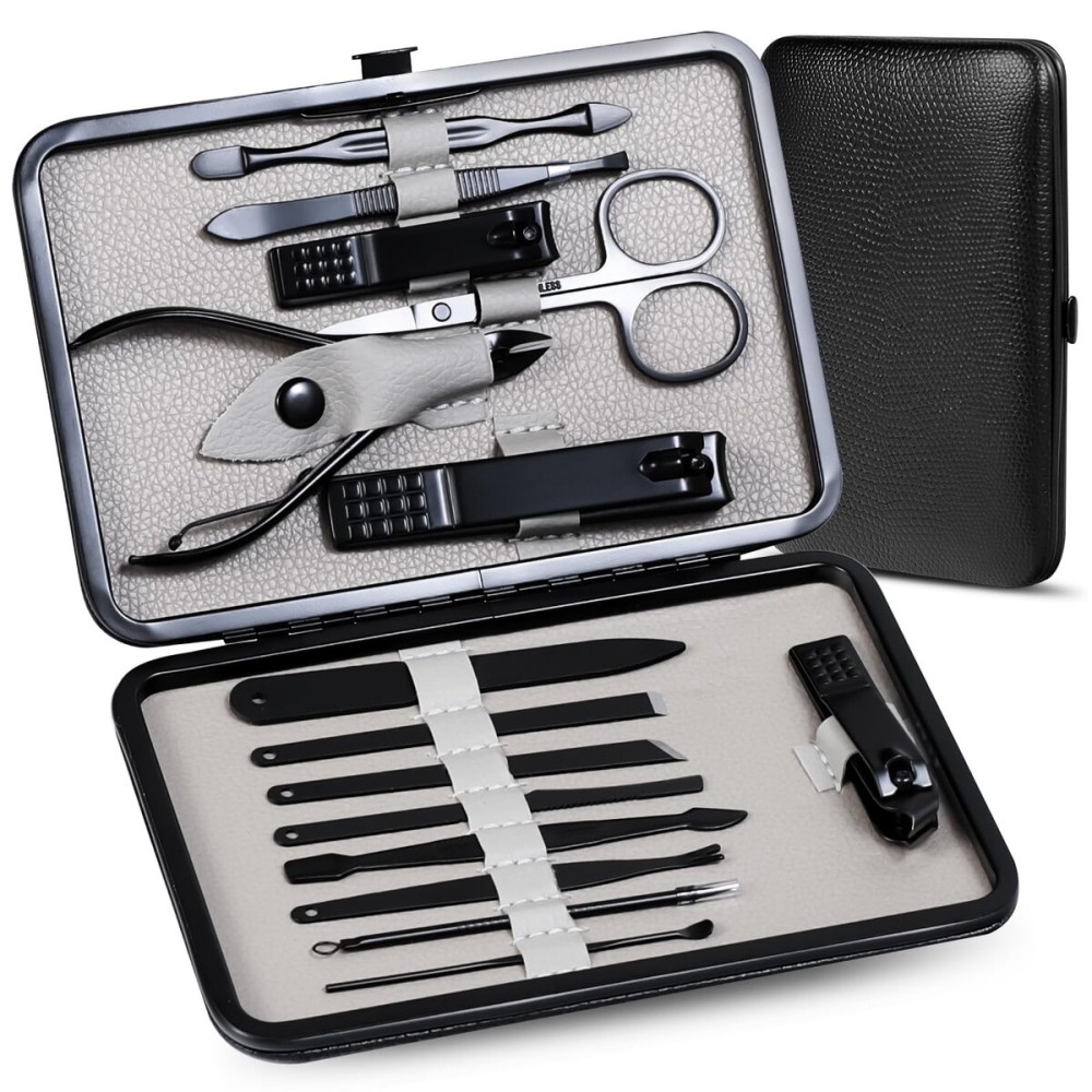 High Precision Stainless Steel Nail Clippers Set - 15 Pcs Manicure Pedicure Kit With File, Sharp Scissors, and Cutter for Fingernails & Toenails - Stylish Light Gray Case
