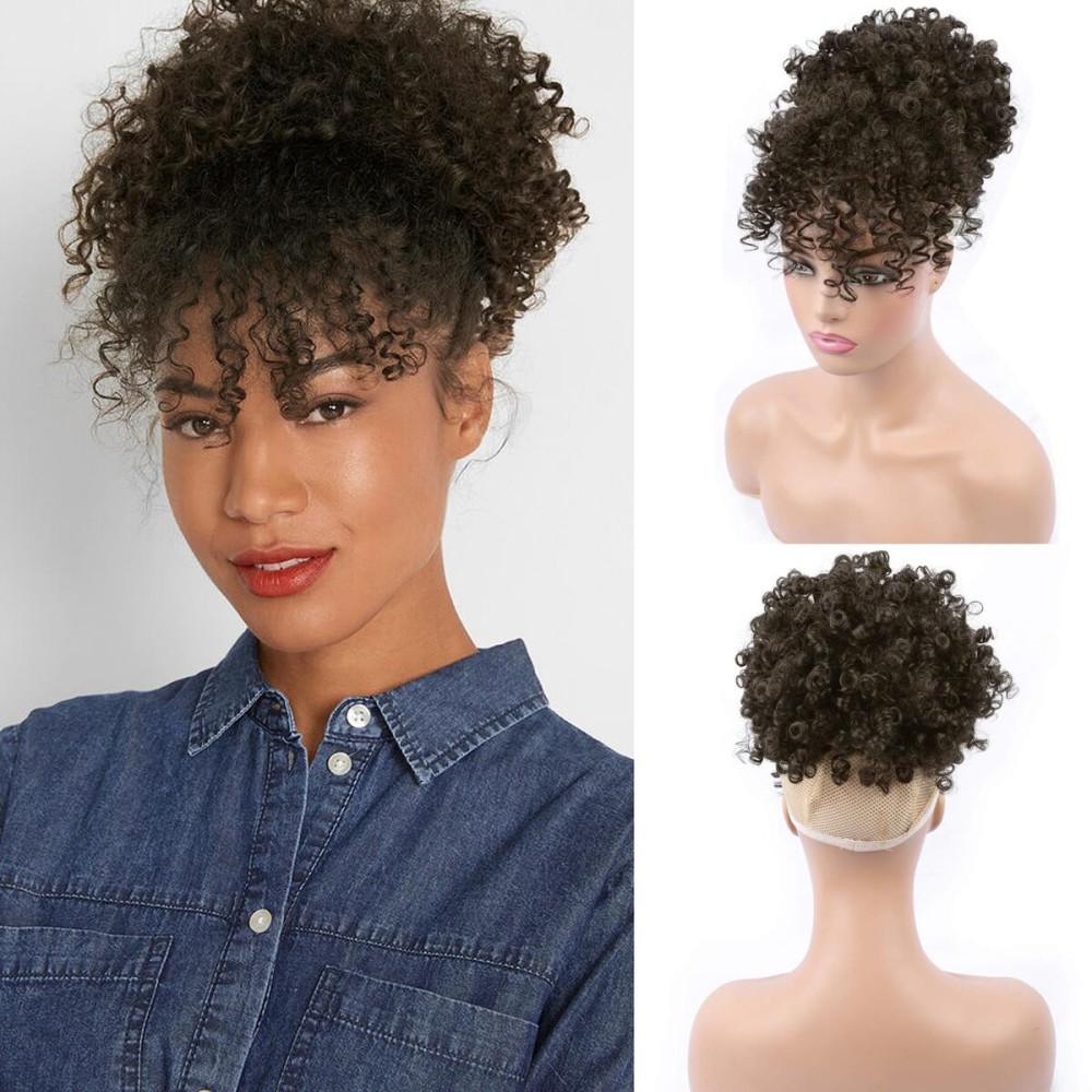 ENTRANCED STYLES Drawstring Ponytail with Bangs Afro Puff Extensions for Women Short Curly Clip in Wrap Updo Hairpiece(2B)