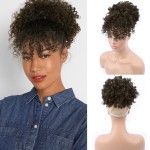ENTRANCED STYLES Drawstring Ponytail with Bangs Afro Puff Extensions for Women Short Curly Clip in Wrap Updo Hairpiece(2B)