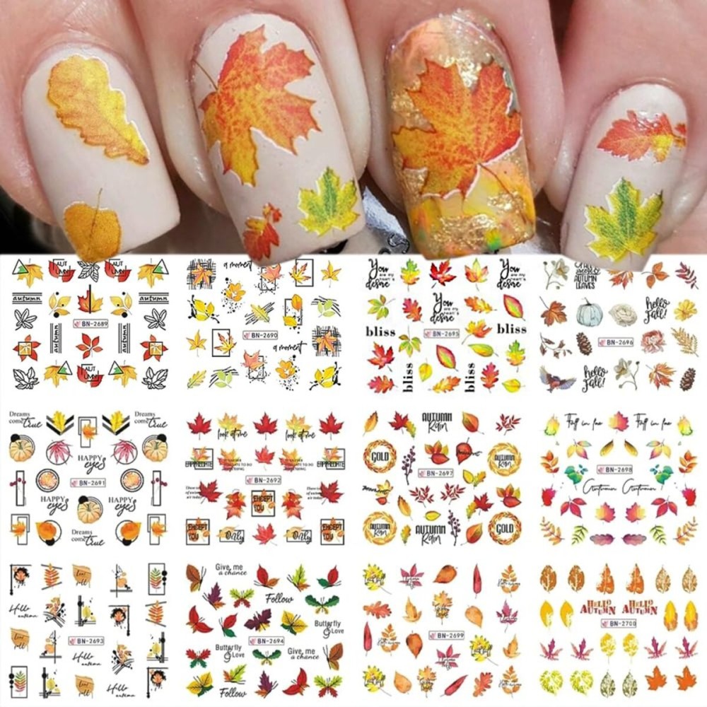 Fall Nail Stickers, 12Sheets Autumn Nail Decals Water Transfer Nail Decals Maple Leaf Pumpkin Thanksgiving Designs Nail Tattoo Stickers Manicure DIY Nail Art Decoration for Women Girls