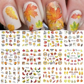 Fall Nail Stickers, 12Sheets Autumn Nail Decals Water Transfer Nail Decals Maple Leaf Pumpkin Thanksgiving Designs Nail Tattoo Stickers Manicure DIY Nail Art Decoration for Women Girls